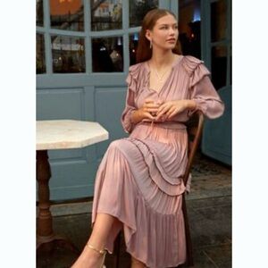 CURRENT AIR Blush Pink Tiered Midi Dress‎ Ruffles Wedding guest Anthropologie